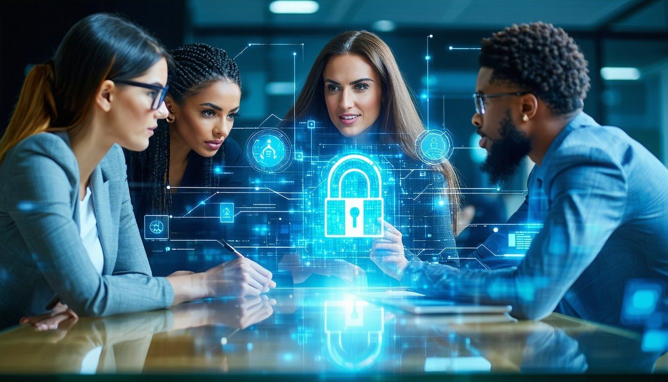 Image of a professional team discussing cybersecurity solutions